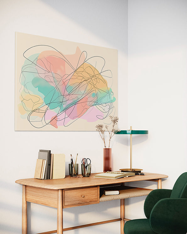 Australian Wall Art, time unique wall art, line drawing with muted pastel colours, wall art hanging in office