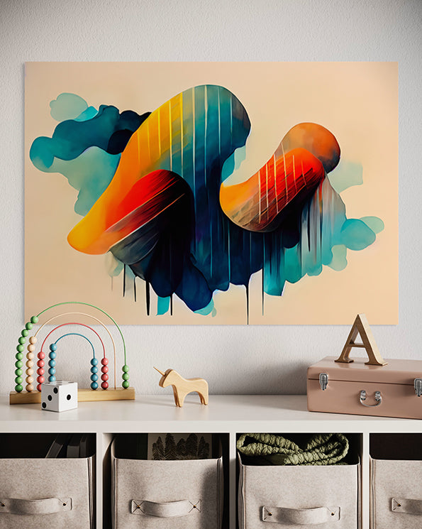 Printable Wall Art, Daydreaming, colourful clouds and bright colours with paint dripping, wall art print hanging above a Childs play drawers.