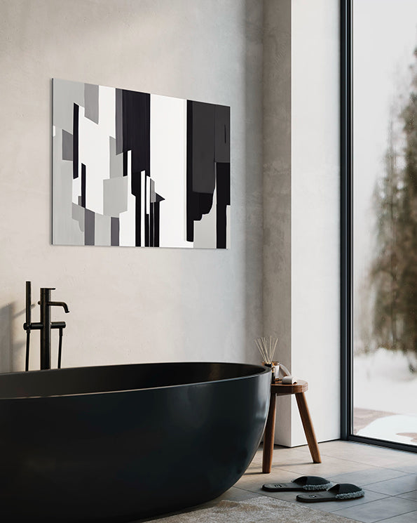 printable wall art print, black and white geometric shapes and lines with some grey tones, wall art print in bathroom