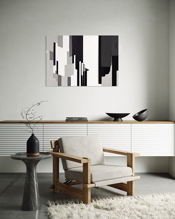 printable wall art print, black and white geometric shapes and lines with some grey tones, wall art print hanging in living room