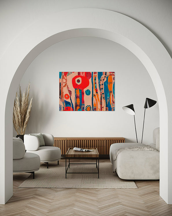 abstract wall art print land featuring colours and shapes that represent the earth and water from an aerial view, Australian land wall art hanging in living room