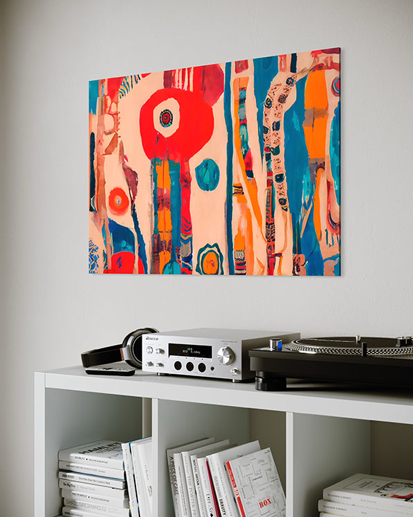 abstract wall art print land featuring colours and shapes that represent the earth and water from an aerial view, Australian land wall art hanging in living room above a stereo player