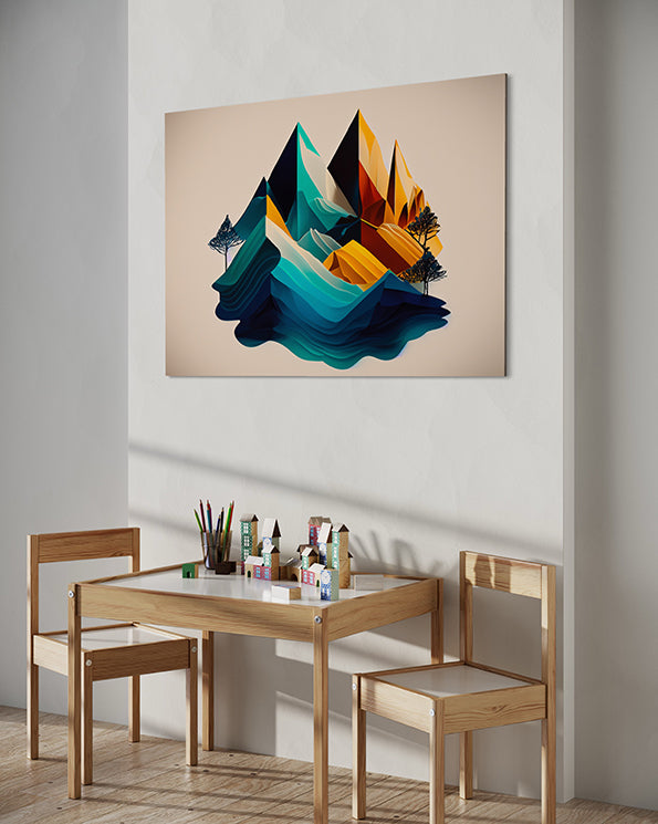 Botanical Wall Art Print, Mountain Peaks in varying colours. Wall art print hanging in child's room above drawing table.