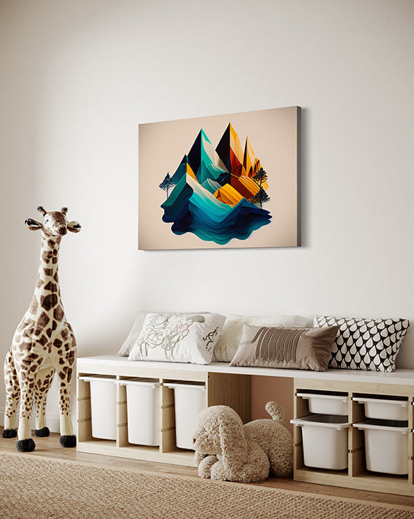 Botanical Wall Art Print, Mountain Peaks in varying colours. Wall Art hanging above bench seat in child's room