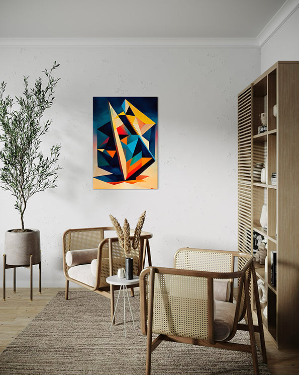 abstract artwork full of colour and geometric shapes wall art hanging in living room
