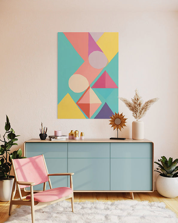 abstract artwork powerball print, geometric shapes and pastel colours. Australian wall art print in living room.