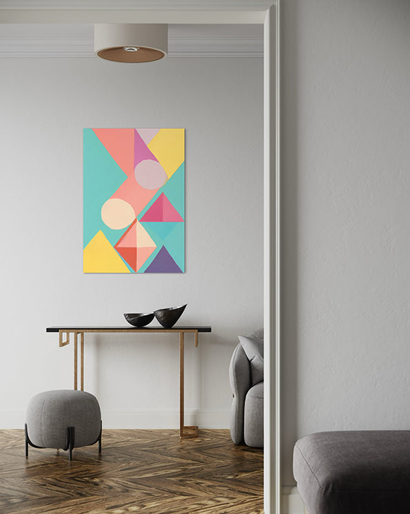abstract artwork powerball print, geometric shapes and pastel colours. Australian wall art print in hallway.