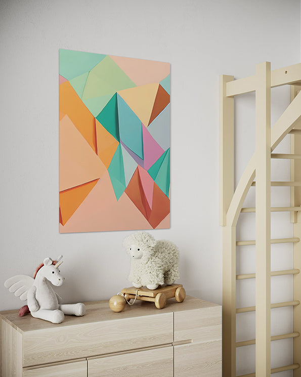 abstract artwork, pastel rainbow colours in geometric shapes, wall art print hanging in kids room