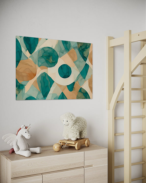 Printable Wall Art Revere an abstract artwork with green and golden abstract shapes shown hanging in a child's bedroom