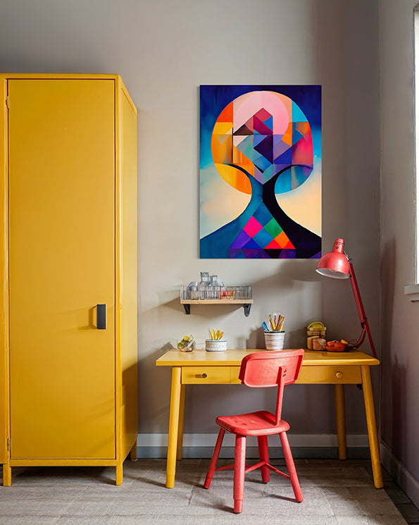 abstract artwork featuring human head and tree simultaneously fully of blood and bright colours. Abstract artwork is hanging in a kids room next to a bright yellow cupboard and above a bright yellow drawing table.