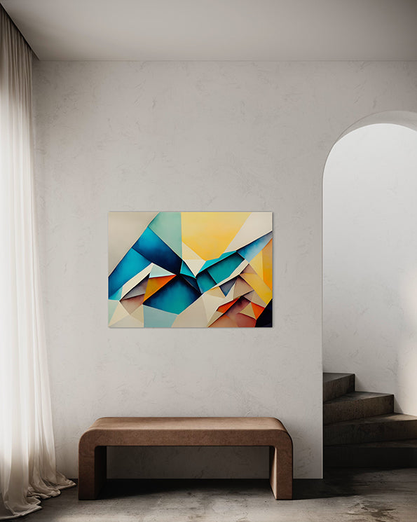Printable wall art, bright colours and geometric shapes, looks like folded paper, wall art print hanging in living room.