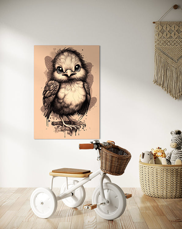 Kids wall art print baby bird illustration hanging in kids playroom above a tricycle
