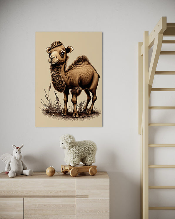 kids wall art, camel illustration hanging in kids room above toys on a dresser