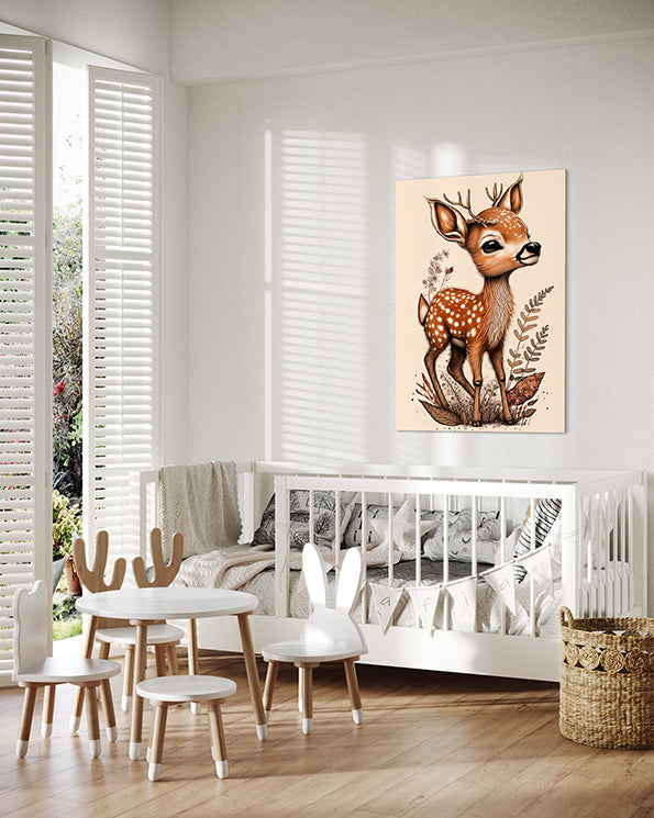 kids wall art print baby deer with boho type flowers around the feet, wall art hanging in a nursery above a Child's bed