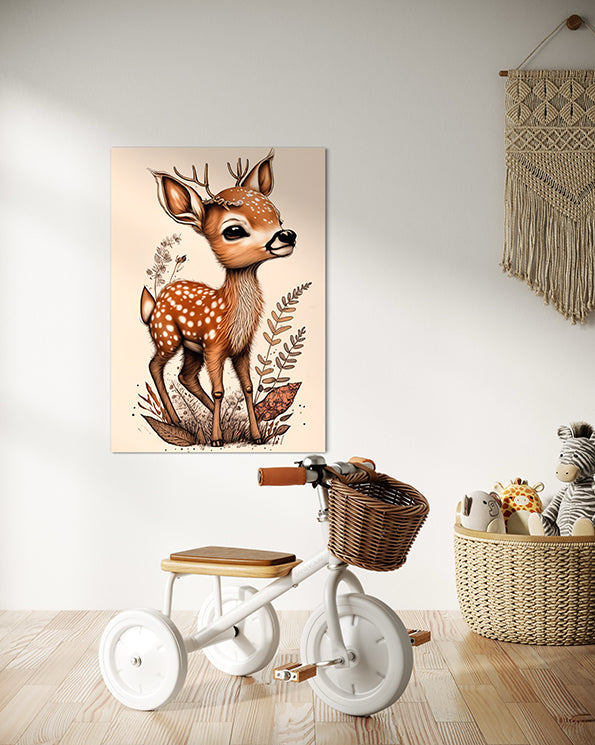 kids wall art print baby deer with boho type flowers around the feet. Wall art print hanging in a kid's playroom above a white tricycle
