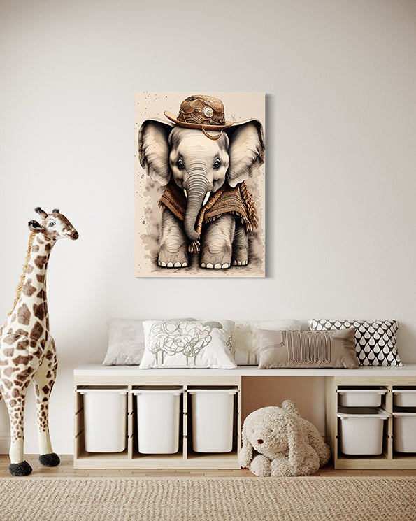 Kids Wall Art Baby Elephant Wall Art Print hanging in kids play room
