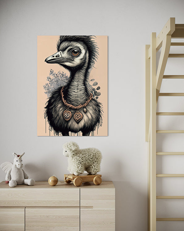 kids wall art emu illustration with some flowers behind emu, wall art hanging in kids bedroom above a dresser with some toys on it.