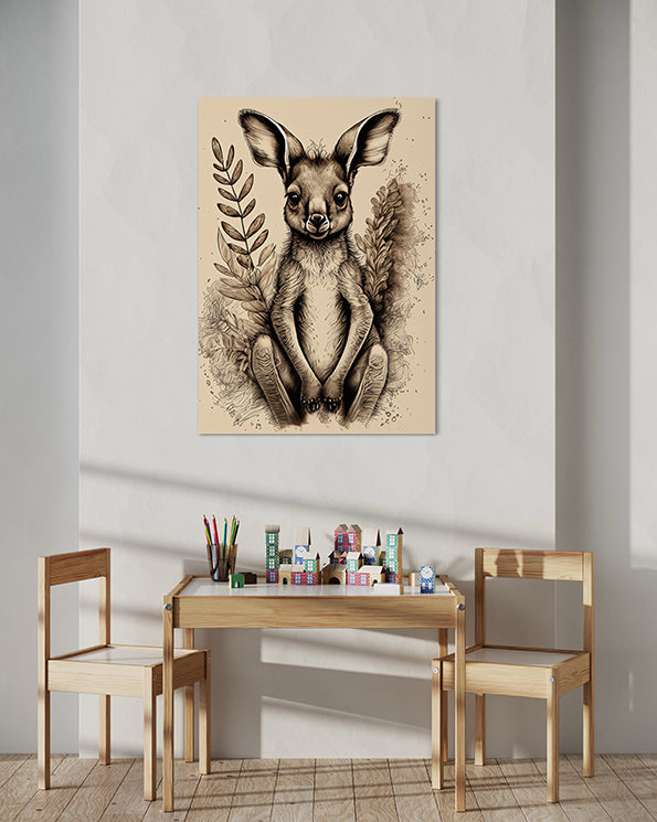 kids wall art baby kangaroo surrounded by boho leaves. Kids Wall Art hanging in kids room above table and chairs