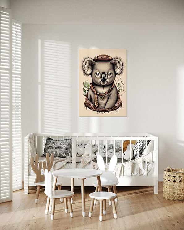kids wall art print, Australian Koala illustration with green gum leaves behind the koala. Wall art print hanging in a nursery above baby bed.