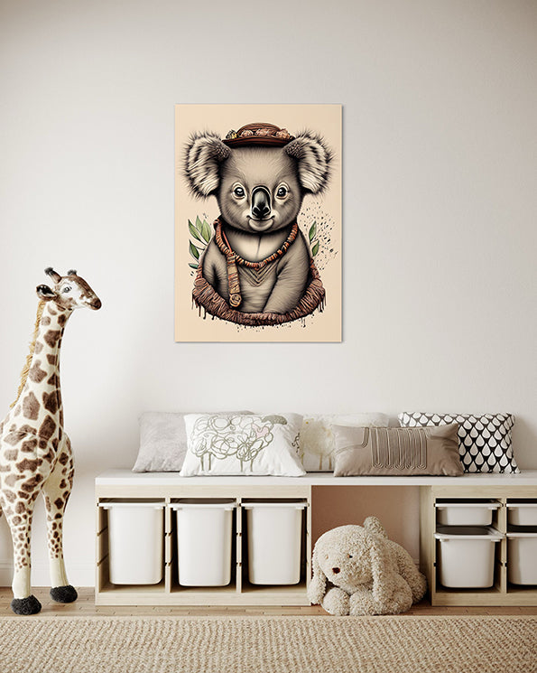 kids wall art print, Australian Koala illustration with green gum leaves behind the koala. Wall art print hanging in kids playroom