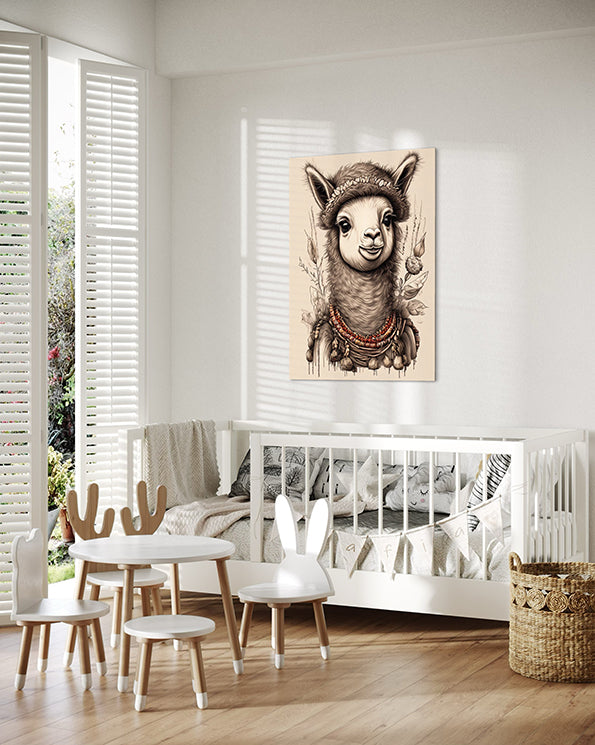 Kids wall art Lllama illustration with leaves in the background, kids wall art print hanging above kids bed
