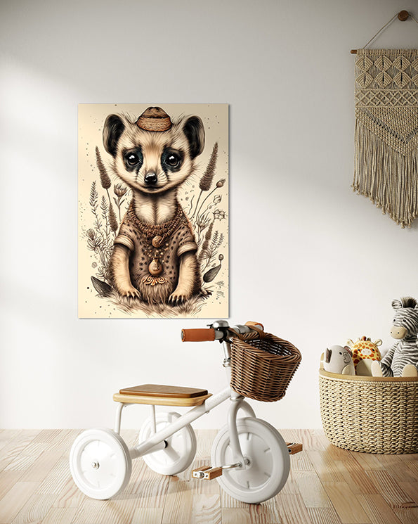 kids wall art print baby meerkat illustration with nature leaves surrounding it. Kid's Wall Art Print hanging in kids playroom above a white tricycle