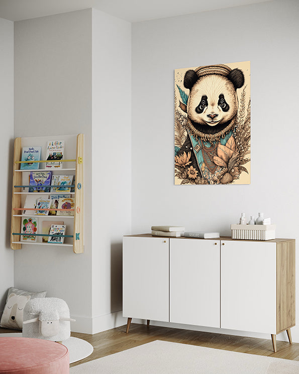 Kids Wall Art Baby Panda sketch with boho flowers around it honing in kids play room