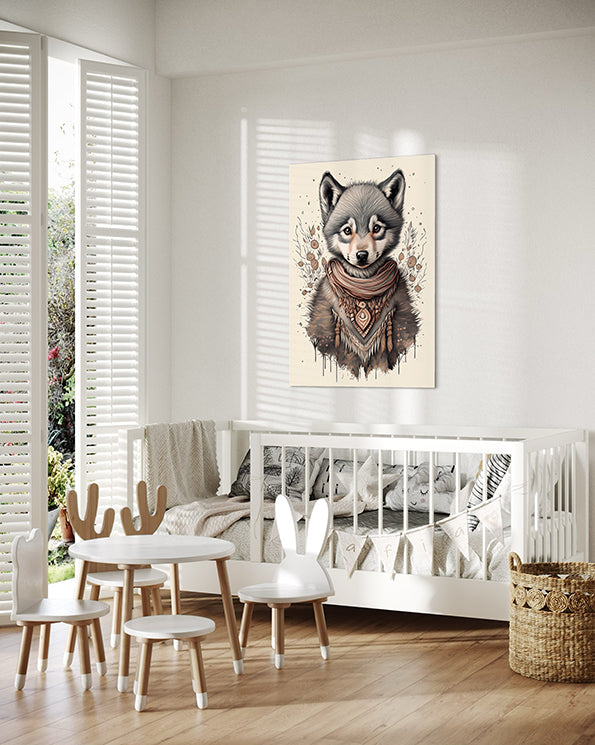 kids wall art print of a wolf wearing nature based necklace. wall art print hanging in nursery above baby's bed.