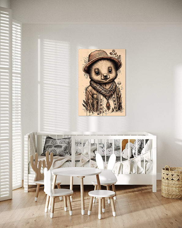 kids wall art print of a wombat wearing a hat with flowers surrounding it. boho type feel to it. Wombat print hanging in a nursery above a white baby's bed.