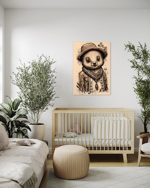 kids wall art print of a wombat wearing a hat with flowers surrounding it. boho type feel to it. wall art print hanging in a nursery above a crib.