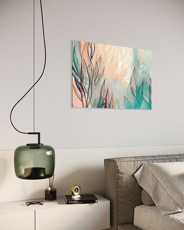 abstract wall art with leaves and lines and limited colours, Australian wall art in bedroom