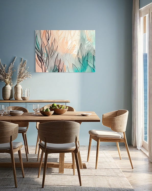 abstract wall art with leaves and lines and limited colours, Australian wall art in living room