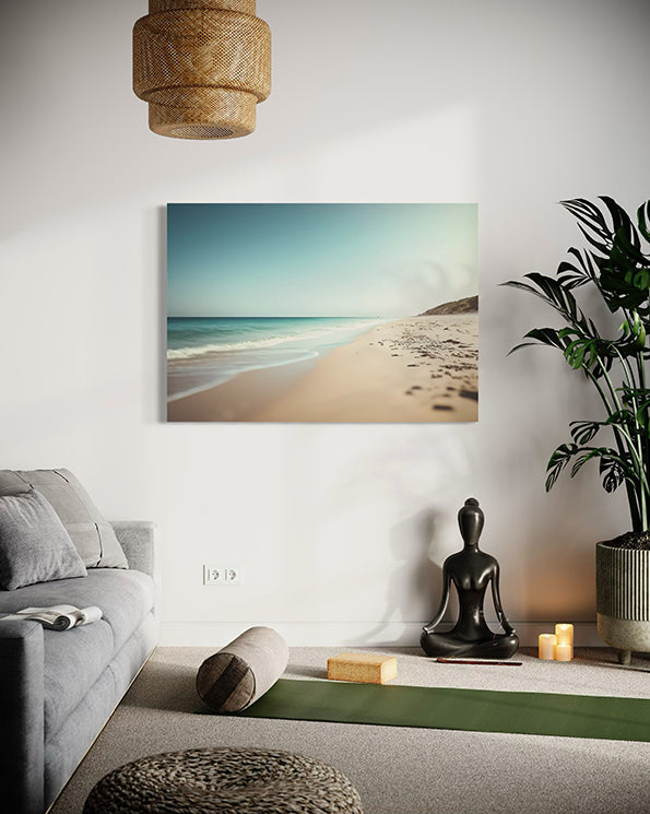 Inspired by quiet moments spent along the south coast of New South Wales, "Afternoon Walk" captures the gentle rhythm of waves lapping the shore. wall art in yoga studio