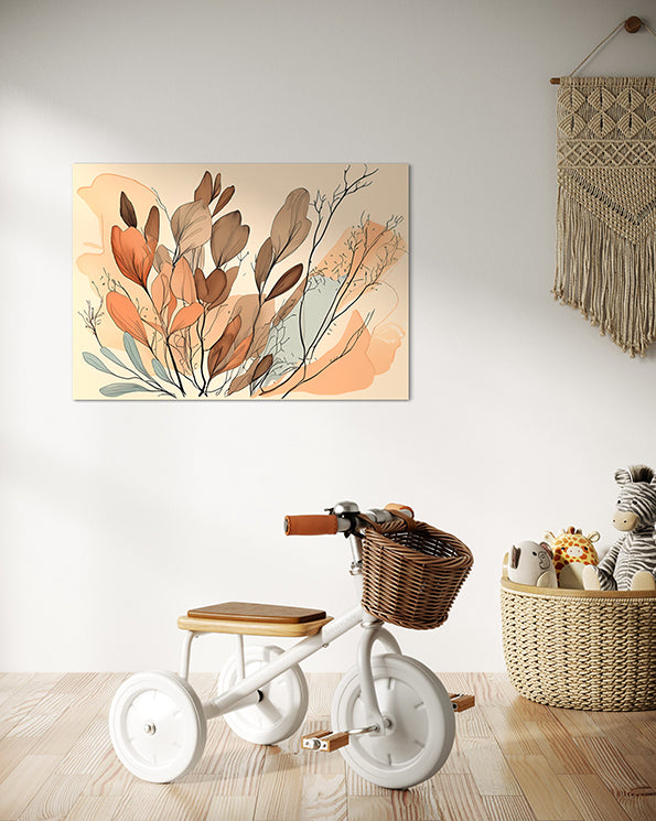 botanical wall art print, orange and brown leaves with apricot coloured background, botanical wall art hanging in child's room above a tricycle