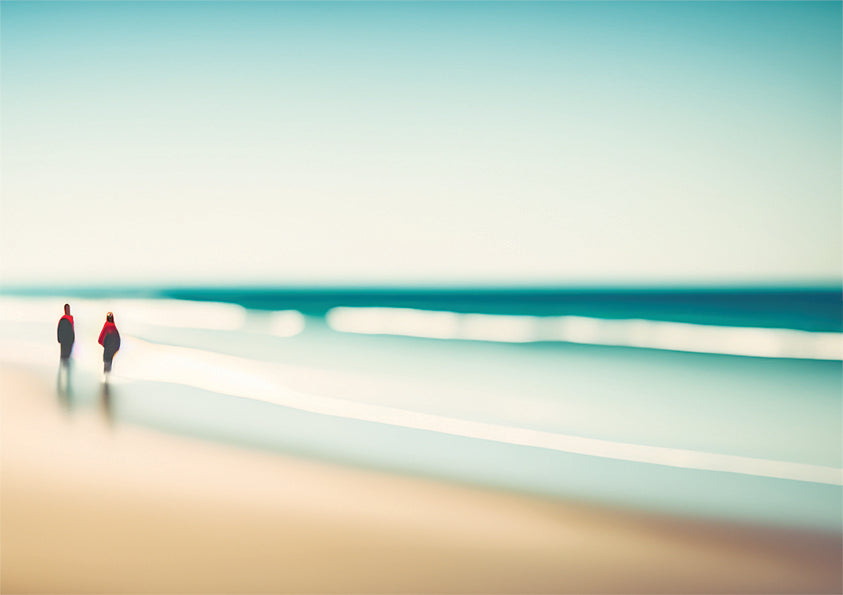 Beach Walk unique wall art print. Two figures in red are off in the distance with a blurred ocean scene creating a peaceful print.