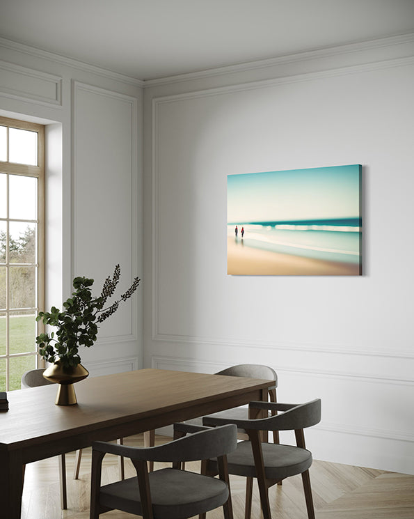 Beach Walk unique wall art print. Two figures in red are off in the distance with a blurred ocean scene creating a peaceful print. wall art print in dining room.