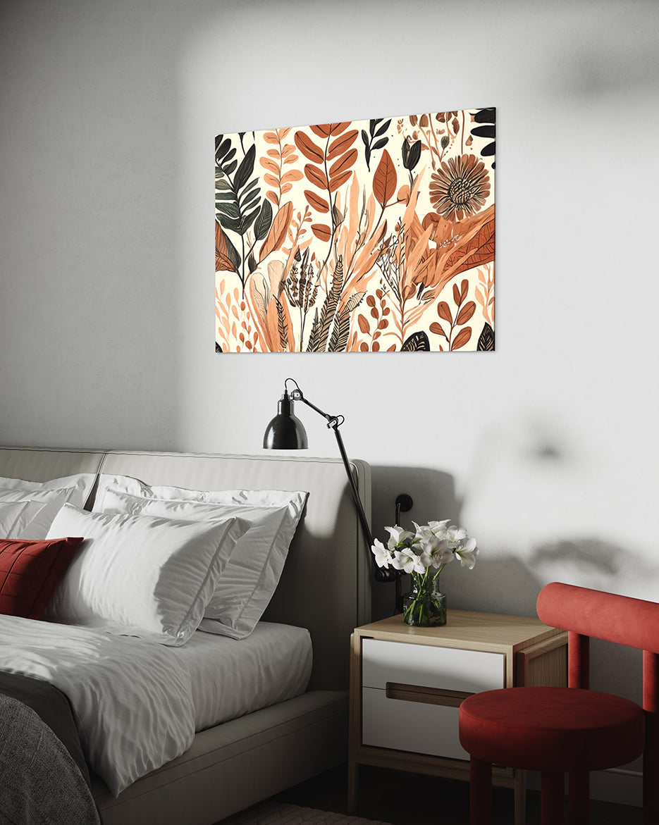 australian wall art prints, botanical wall art boho leaves and flowers wall art hanging in bedroom