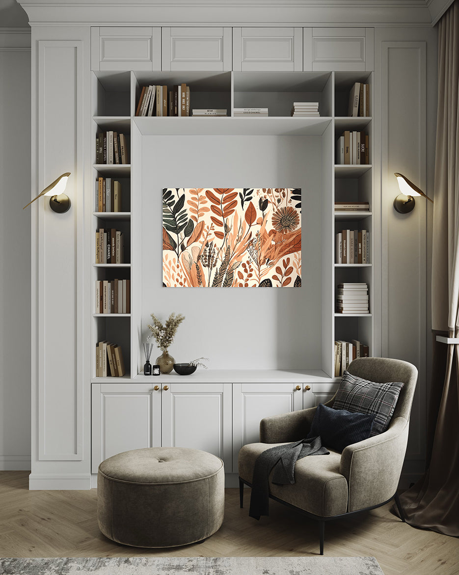 australian wall art prints, botanical wall art boho leaves and flowers wall art hanging in living room