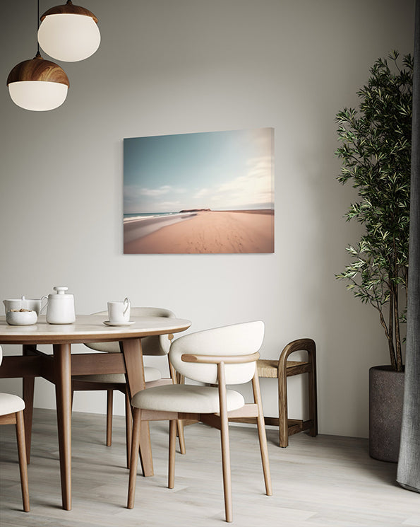 coastal connection unique wall art print featuring shoreline and rocky headland in the distance. coastal abstract wall art print in living room