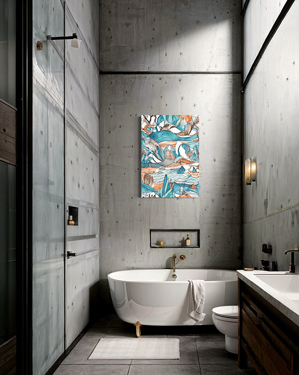 coastal dream unique wall art print, featuring an abstract sketch of coastal elements. wall art print hanging in a modern industrial bathroom above a bath tub.