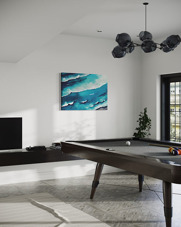 coastal gust unique wall art print, ocean waves lapping at the Australian shoreline. wall art hanging in games room above a pool table.