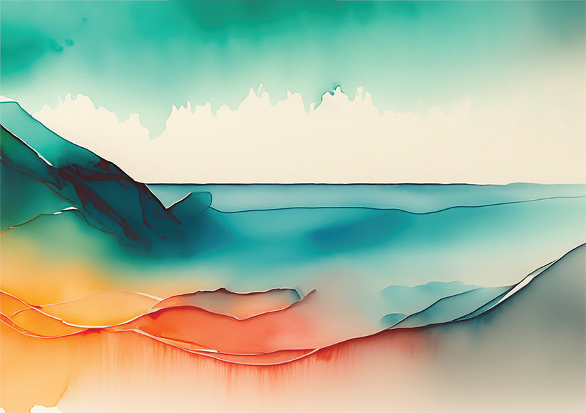 Coastal Watercolours Unique Wall Art print, ocean with sand, line drawing and watercolours.
