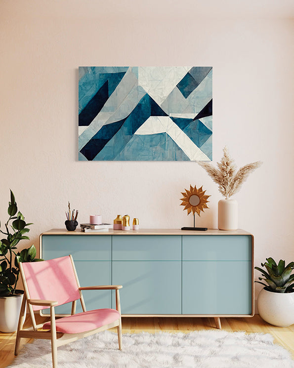 limited edition cool blue printable wall art print. wall art hanging in living room.
