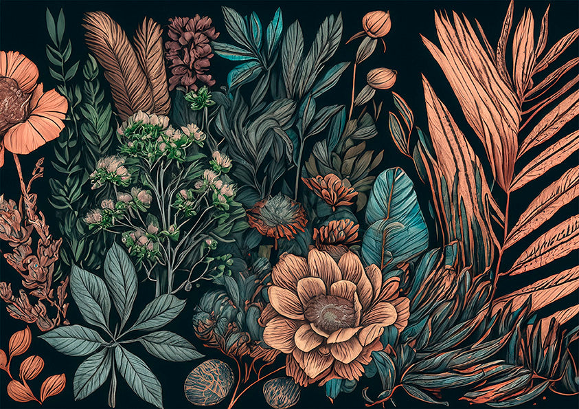 printable wall art print, floral nights is a botanical wall art print featuring leaves of different shapes and sizes with a handful of flowers dotted around the picture all set on a black background.
