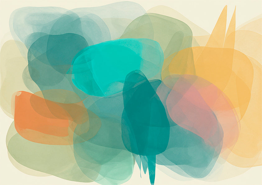 printable wall art prints, abstract artwork featuring blurred shapes in green, aqua, yellow, soft pink and orange, image looks like a mirage.