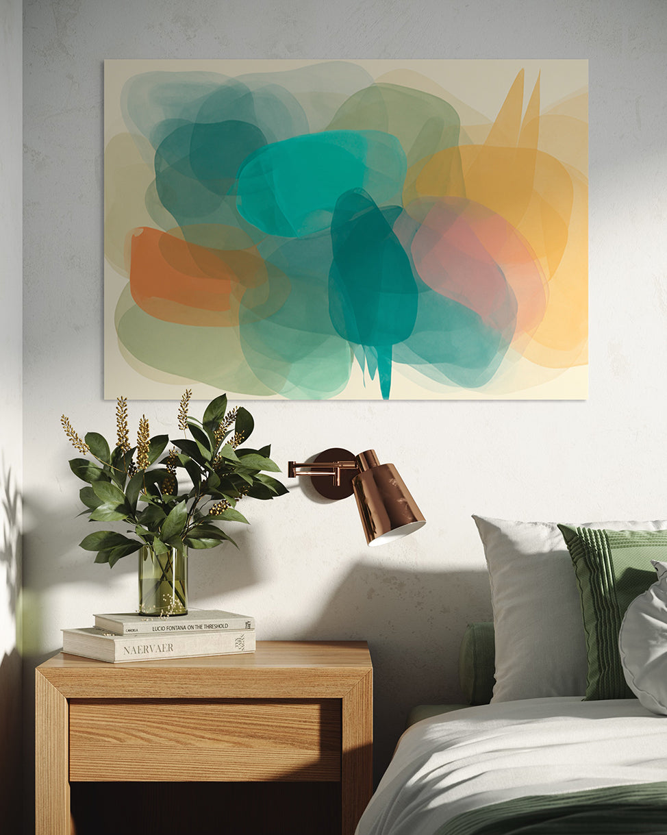 printable wall art prints, abstract artwork featuring blurred shapes in green, aqua, yellow, soft pink and orange, image looks like a mirage. abstract artwork hanging above bed in bedroom