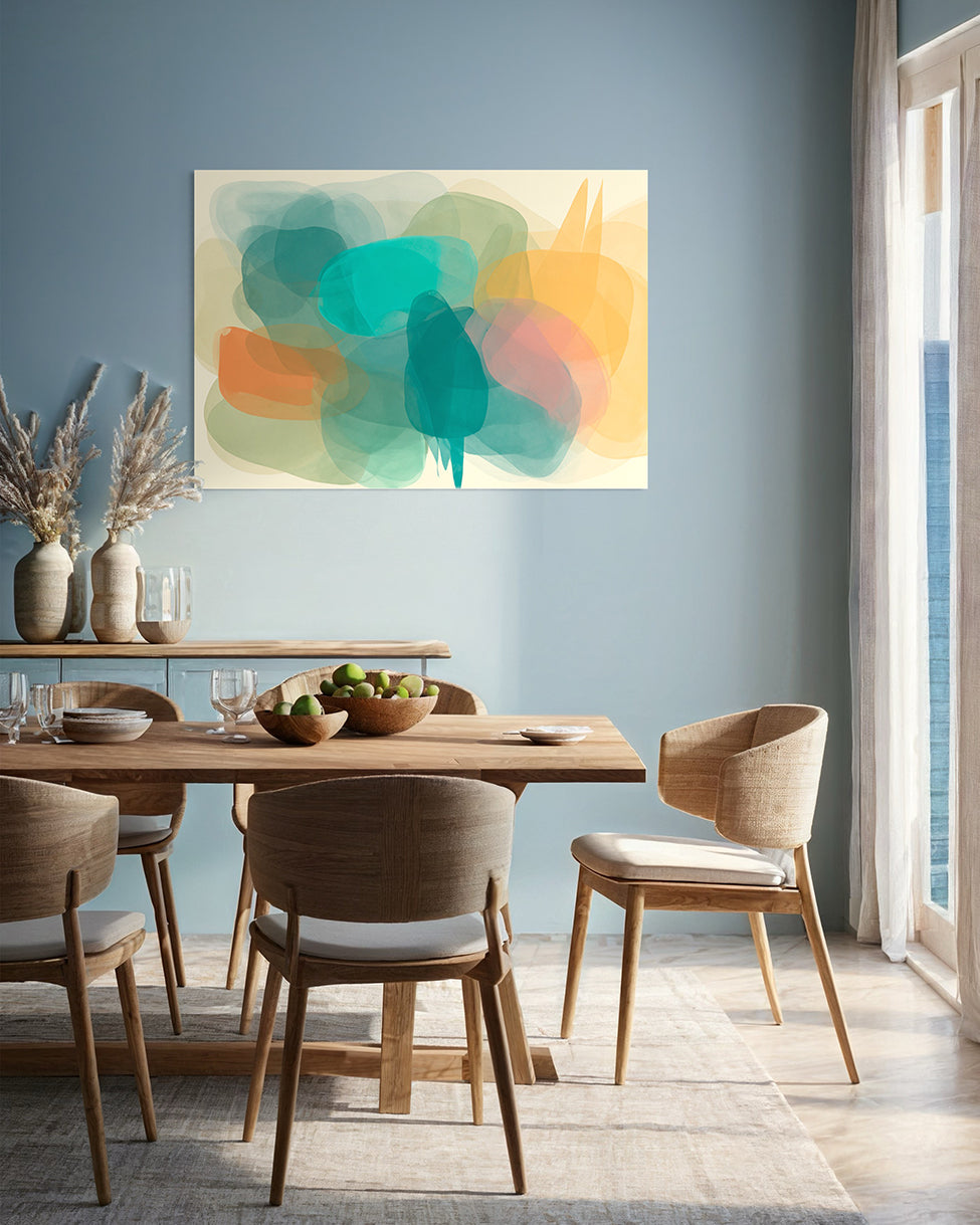 printable wall art prints, abstract artwork featuring blurred shapes in green, aqua, yellow, soft pink and orange, image looks like a mirage. Wall art print in living room hanging above a dining table.