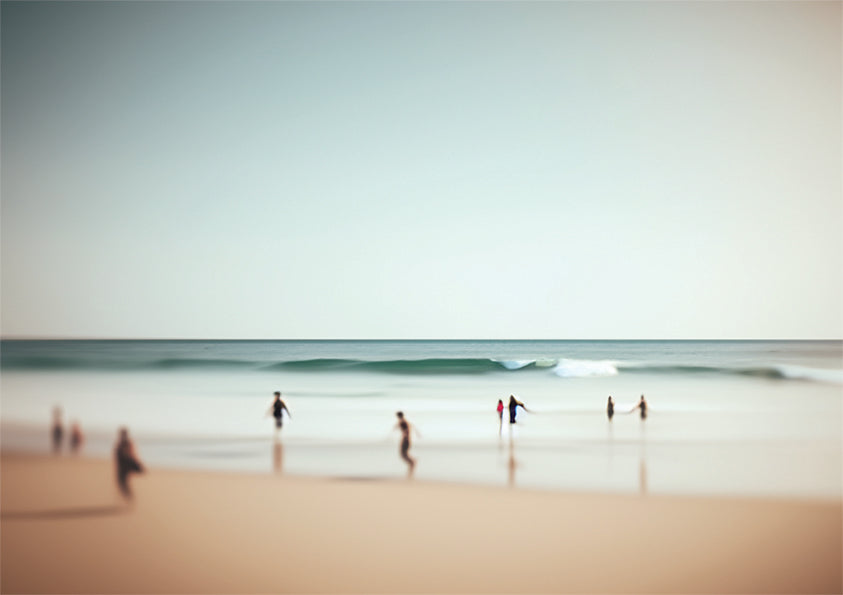 Joyful moments unique wall art print with muted beach scene with children running on the waters edge.