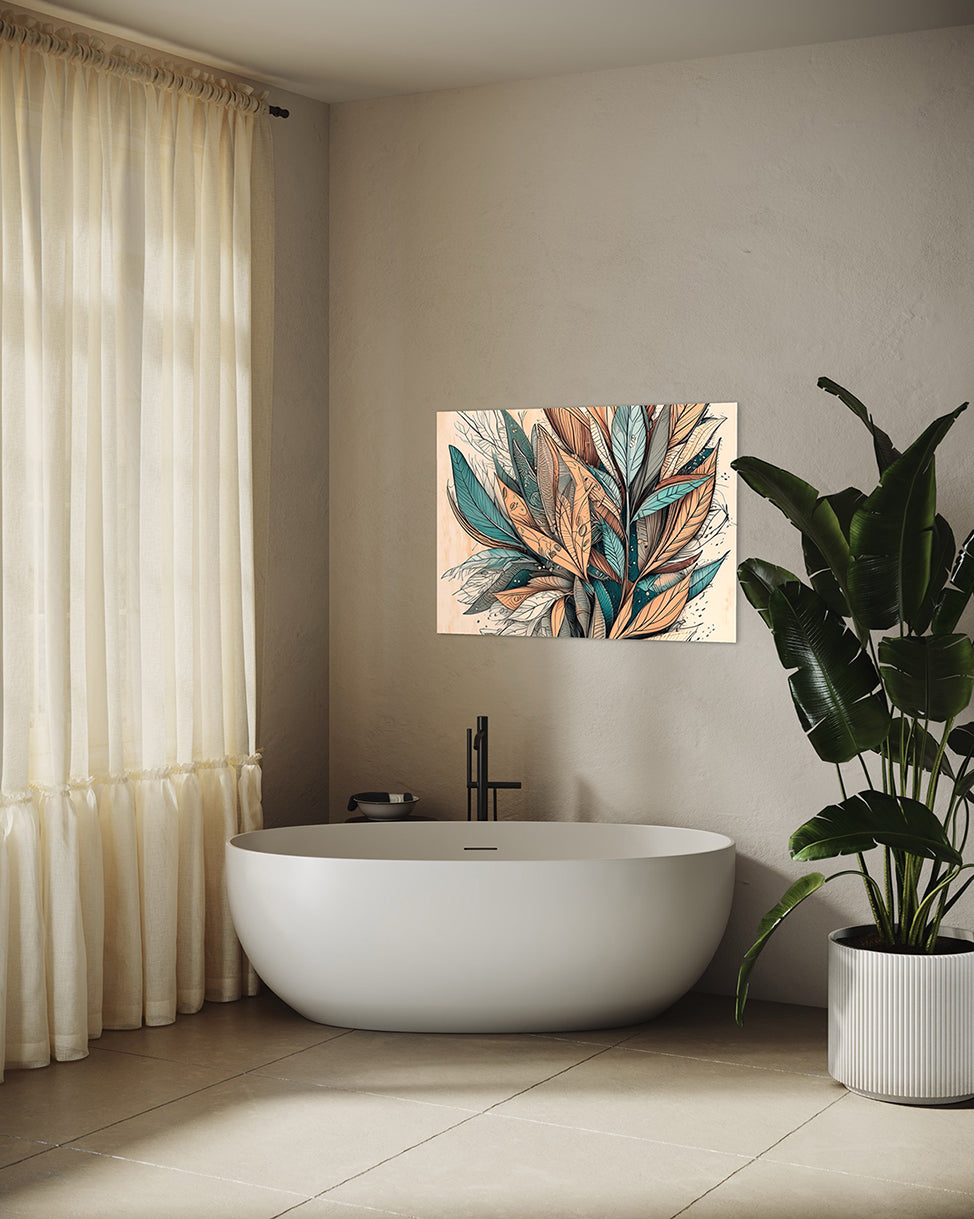 Australian Wall Art earthy leaves hanging on a wall in a bathroom