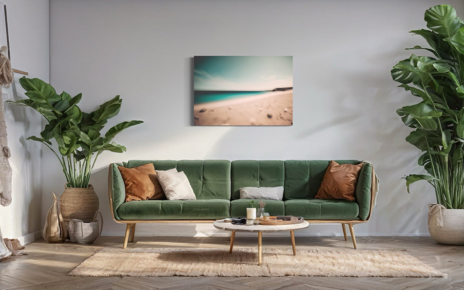 Shell Cove unique wall art print, blurred shoreline with shells and aqua water against a soft blue sky. wall art in lounge room above a green lounge.